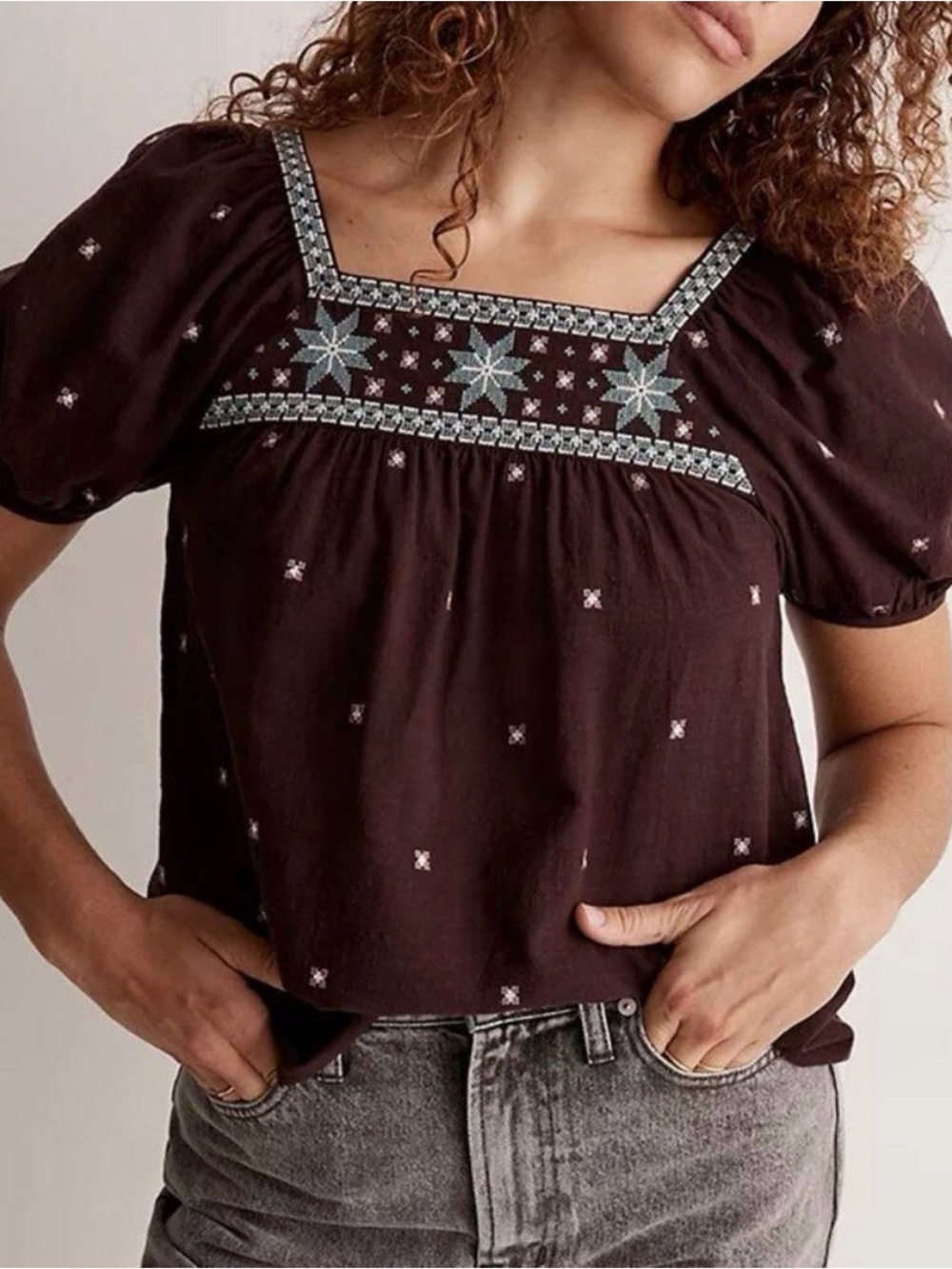 Madewell Embroidered Square-Neck Puff Sleeve Top - Raisin, size XXS